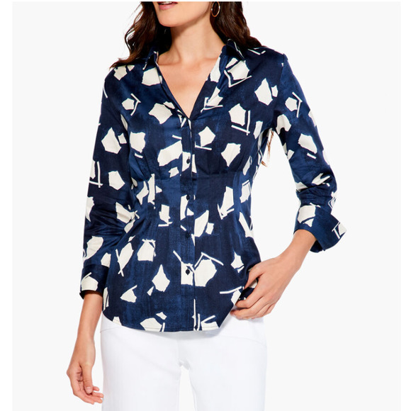 NWT $168 Nic + Zoe Womens Mosaic Blues Cotton Blend Button Down Blouse - Picture 2 of 4